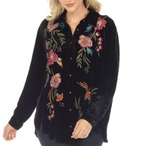 Johnny Was Sidonia Velvet Heavily Embroidered Oversized Pleat Shirt NWT